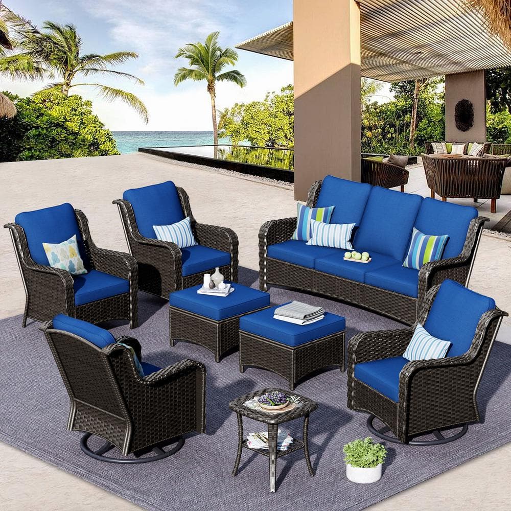 Grinnell Brown 8-Piece Wicker Outdoor Patio Conversation Sofa Set with Swivel Rocking Chairs and Navy Blue Cushions price history on PriceWatchPro