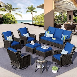 Grinnell Brown 8-Piece Wicker Outdoor Patio Conversation Sofa Set with Swivel Rocking Chairs and Navy Blue Cushions
