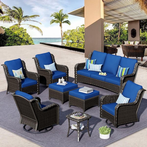 HOOOWOOO Grinnell Brown 8-Piece Wicker Outdoor Patio Conversation Sofa Set with Swivel Rocking Chairs and Navy Blue Cushions
