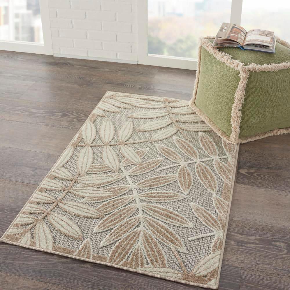 Aloha Natural & Ivory Leaf Design 32" x 4" Outdoor Area Rug