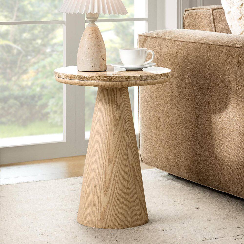 Rhiannon 15.75 in. Black Round Marble End Table with Oak Veneer