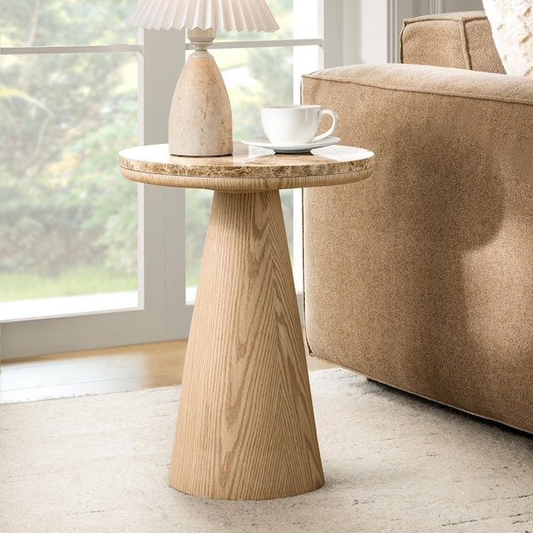 Rhiannon 15.75 in. Oak Round Marble End Table with Oak Veneer