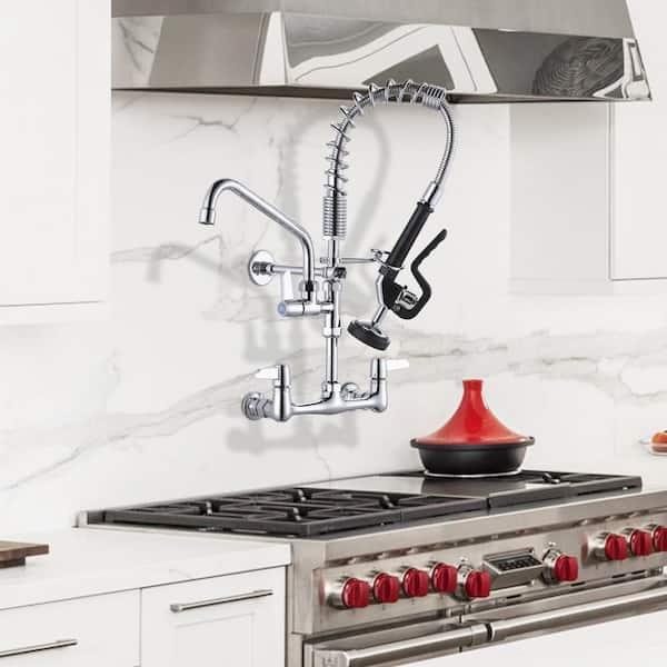 Solid Brass 21 in. H Commercial Triple-Handle Pull Down Sprayer Kitchen Faucet with Pre-Rinse Sprayer in Chrome