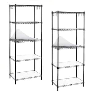 Black 5-Tier Carbon Steel Wire Garage Storage Shelving Unit with 8 Hooks (2-Pack) (23.6 in. W x 59 in. H x 14 in. D)