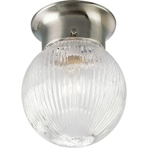 1-Light Brushed Nickel Flushmount with Clear Ribbed Glass Globe