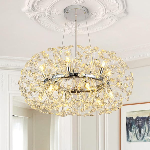 LLHZSY 23.6 in. 12-Light Chrome Modern Firework Crystal Chandelier, Wagon Wheel Chandelier Dimmable