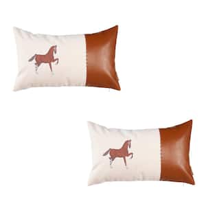 Boho Embroidered Horse Set of 2 Throw Pillow 12" x 20" Vegan Faux Leather Solid Beige & Brown Lumbar for Couch, Bedding