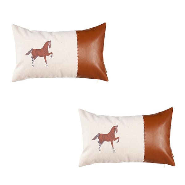 MIKE & Co. NEW YORK Boho Embroidered Horse Set of 2 Throw Pillow 12" x 20" Vegan Faux Leather Solid Beige & Brown Lumbar for Couch, Bedding