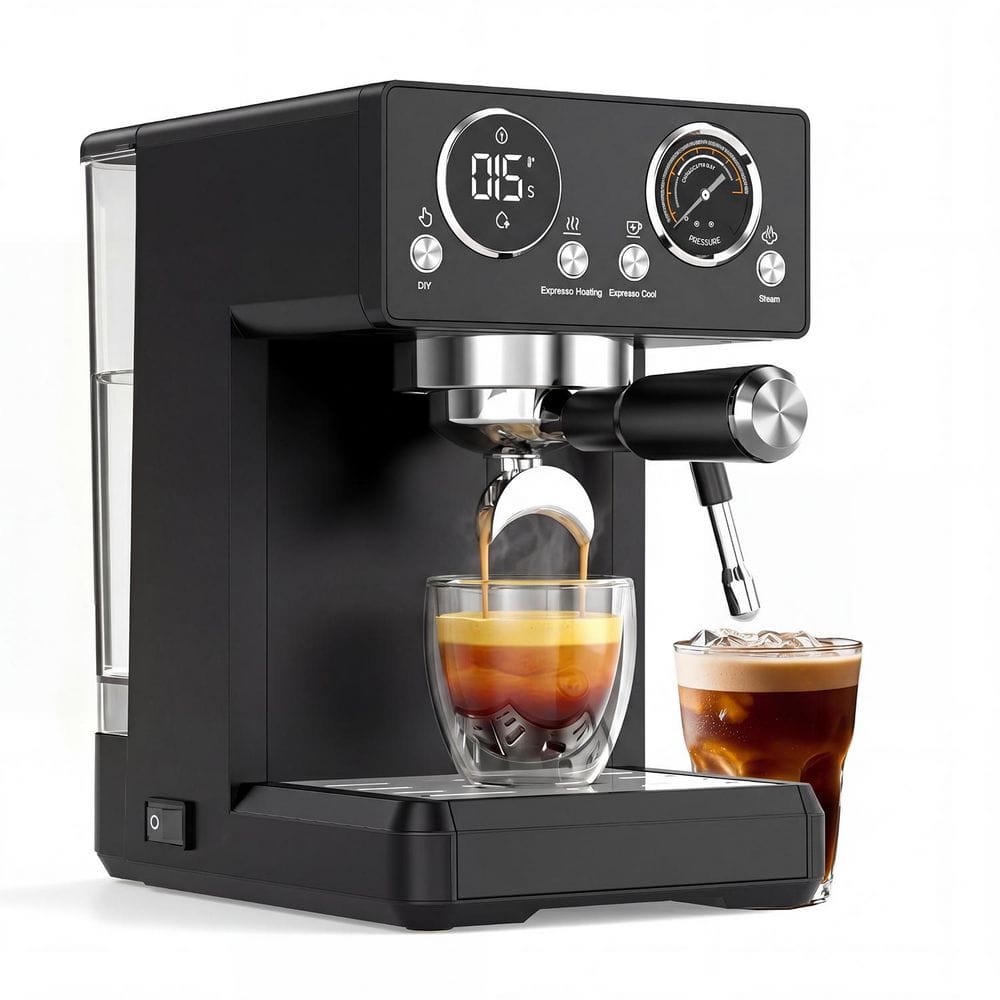 Buymee 2-Cup Espresso Coffee Maker in Black with Hot and Cold Extraction, 90-98℃ Temp Control, Steam Frother, Safety Protection