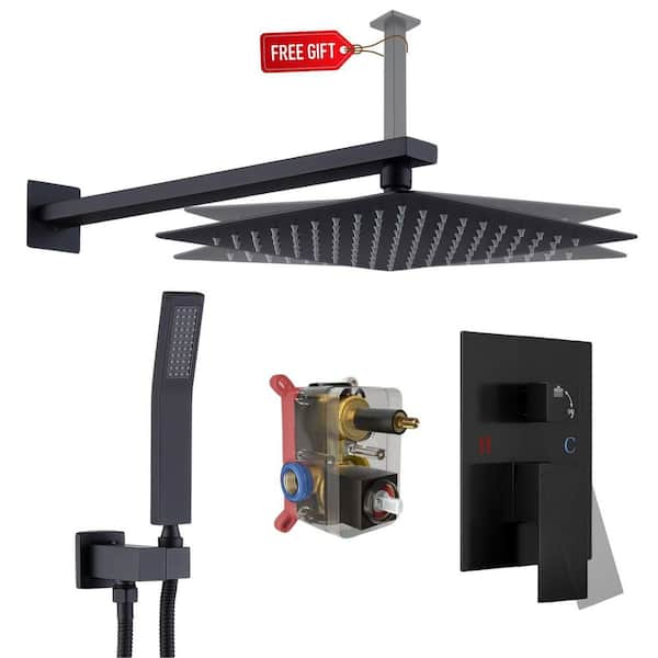 1-spray 10 in. Ceiling Mount Dual Shower Head with Wall Mount Arm Fixed and Handheld Shower Head 2.5 GPM in Black