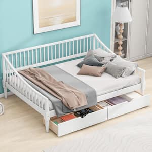 White Wood Full Size Daybed with 2-Drawer, Vertical Strip Hollow Shaped Bedrails, Support Legs