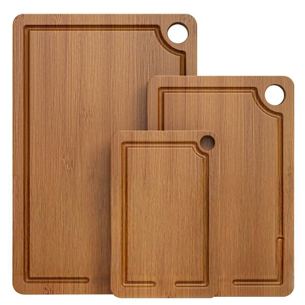 3-Piece Bamboo Cutting Board for Kitchen with Non-Slip Mat Deep Juice Groove and Built-In Handles for Meat Vegetables