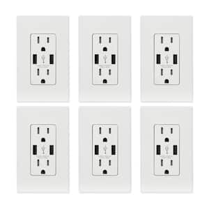 25-Watt 15 Amp Dual Type A USB Wall Duplex Outlet, Wall Plate Included, White (6-Pack)