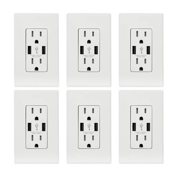 ELEGRP 25-Watt 15 Amp Dual Type A USB Wall Duplex Outlet, Wall Plate Included, White (6-Pack)