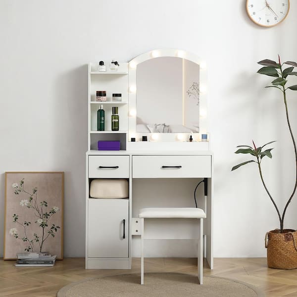 Boyel Living 2-Piece White Makeup Vanity Set with 2 Drawers and Upholstered Stool