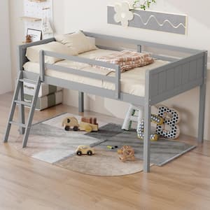 Gray Twin Size Wood Low Loft Bed with Sloping Ladder, Full-Length Bedrails