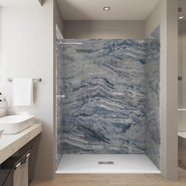 Nacarado Blue 32 in. x 60 in. x 84 in. Solid Composite Stone Alcove Shower Kit w/ Walls and White Pan Base Center Drain
