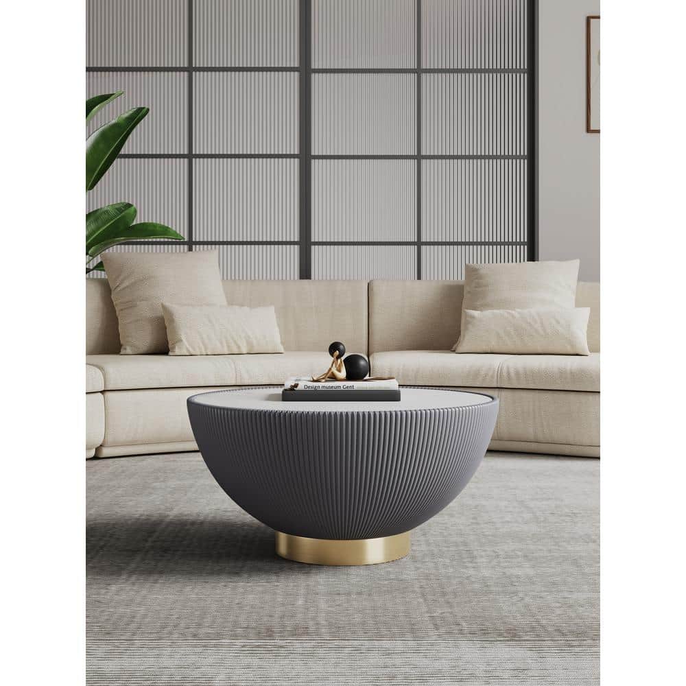 Gray Round Marble Coffee Table with Gold Base and Leatherette Pleating