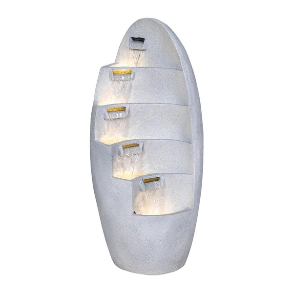 Watnature 31.4 in. Resin Outdoor Fountain -Multi-Tier Curved Indoor Outdoor Floor Water Fountain with LED Lights for House Decor