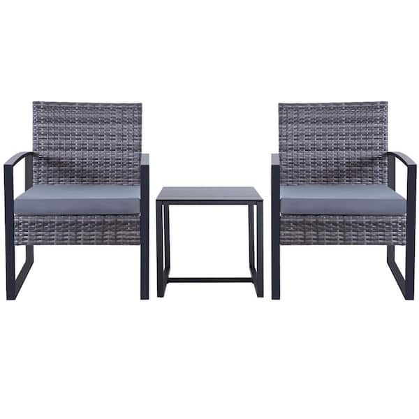 Zeus & Ruta 3-Piece Gray Wicker Outdoor Bistro Set with Gray Cushions and Side Table for Porch Backyard