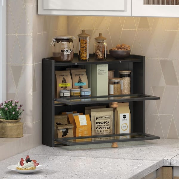 1 Piece Black Corner Bread Box for Kitchen Countertop, Bamboo Wooden Farmhouse Bread Box with Window