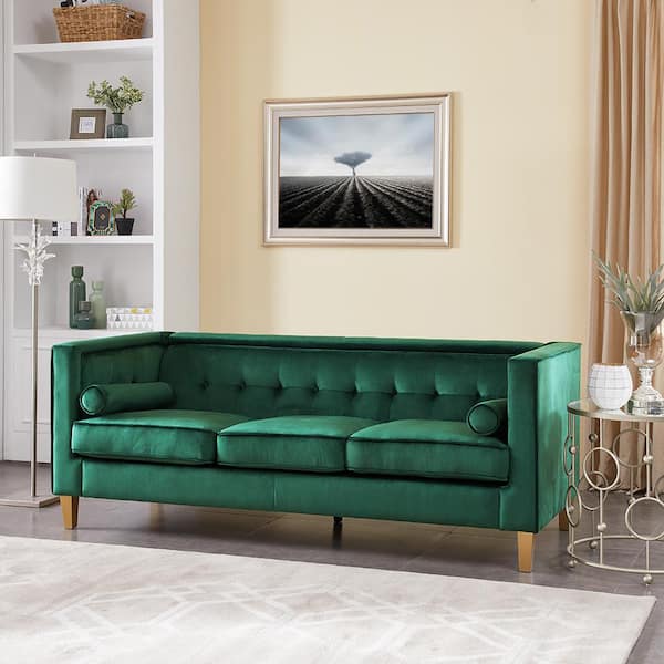 HOMESTOCK 83.5 in. Velvet Square Arm Rectangle Sofa for Living Room, Mid Century Chair Arms, Solid Wooden Legs in Green