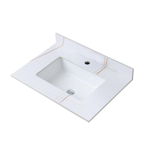 Unbranded 31 in. W x 22 in. D Engineered Stone Composite White Rectangular Single Sink Bathroom Vanity Top in White Gold