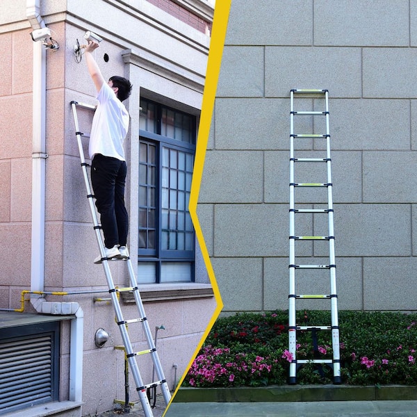 10.5 ft. Telescoping Aluminum Extension Ladder with Triangle Stabilizer and Hooks, Multi-Purpose Folding Ladder 330 lbs.