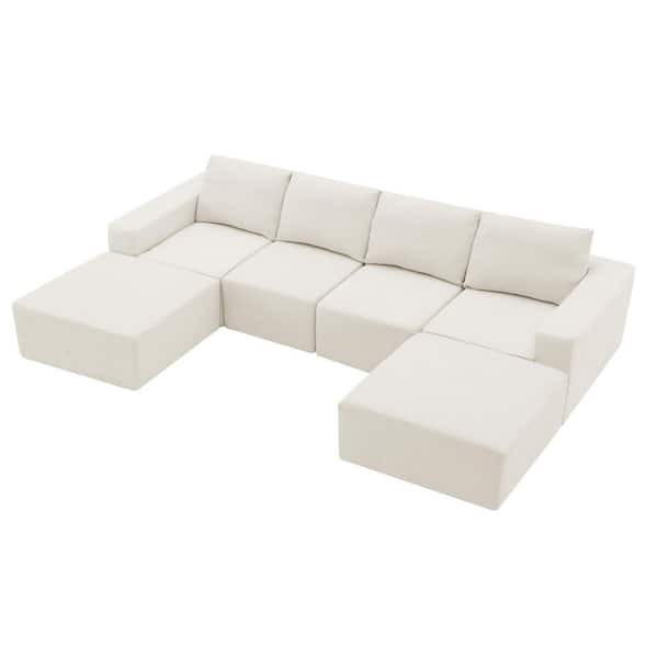 110 in. Fully Compressed Chenille Upholstered Sectional Sofa in. Beige