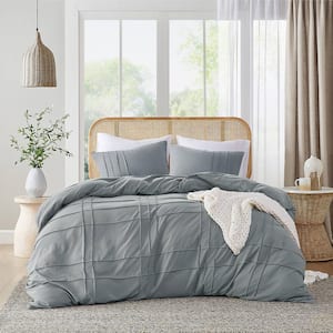 Porter 3-Piece Blue/Grey Microfiber Queen Soft Washed Pleated Duvet Cover Set