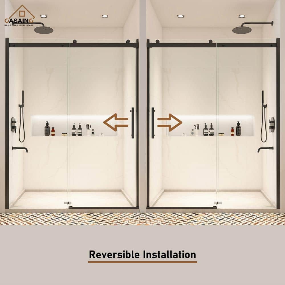 60" W x 76" H Black Frameless Sliding Shower Door