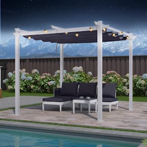 10 ft. x 10 ft. White Aluminum Frame Pergola with Navy Blue Retractable Sun Shade Canopy Extra Roof and String Lights