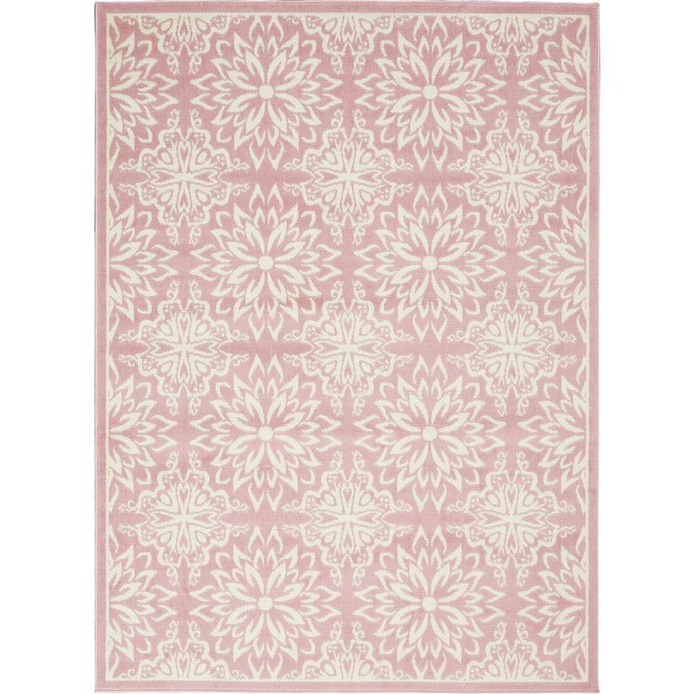 Ivory and Pink Floral Synthetic 5' x 7' Area Rug