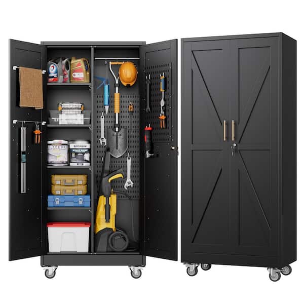 Hephastu 31.5 in. W x 71 in. H x 16 in. D Black Metal Combination/Cleaning Freestand Cabinets with Pegboards, Hooks, Hanging Rods
