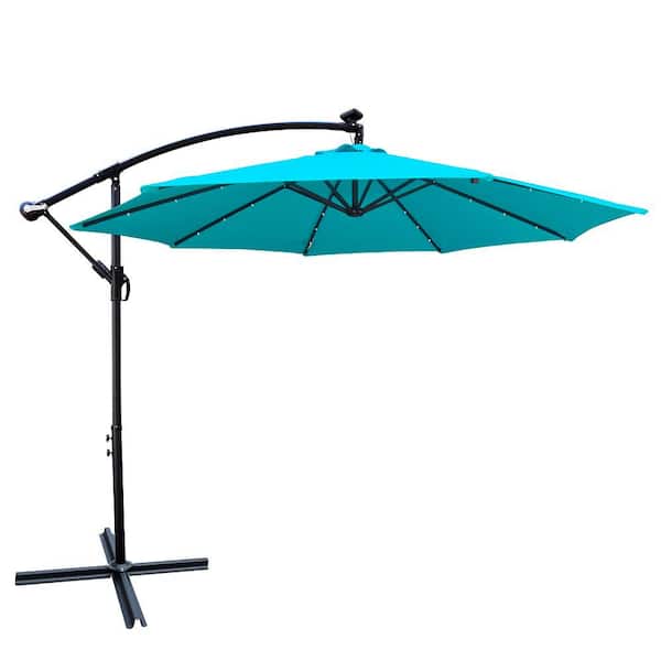 Amucolo 10 ft. Outdoor Cantilever Solar LED Lighted Patio Umbrella with Crank and Cross Base in Turquoise