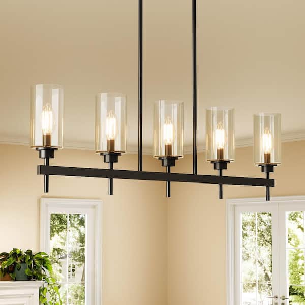 BYBLIGHT 36 in. 5-Light Farmhouse Modern Black Metal Linear Chandelier with Clear Glass Shade for Kitchen Island, Dining Room