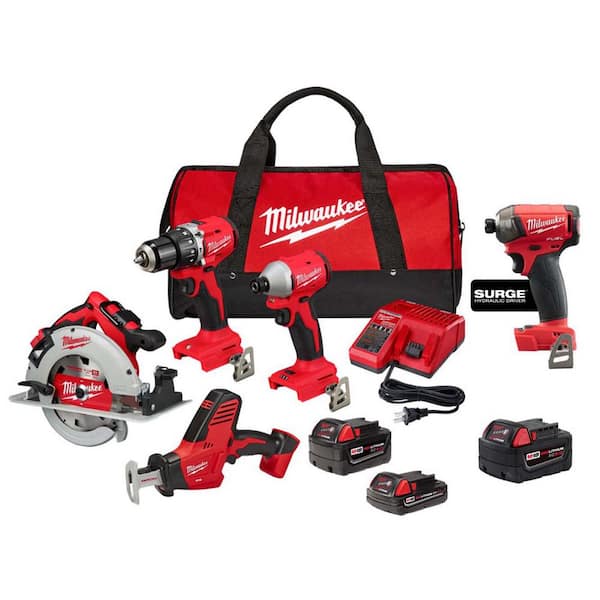 Milwaukee M18 18-Volt Lith-Ion Brushless Cordless Combo Kit (4-Tool) w/ 3-Batteries, 1-Charger, & SURGE Impact Driver