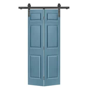 30 in. x 80 in. 6 Panel Dignity Blue Painted MDF Composite Bi-Fold Barn Door with Sliding Hardware Kit