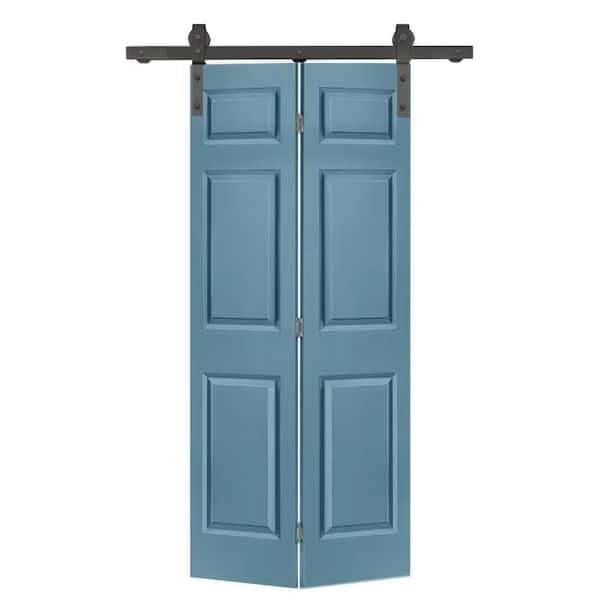 30 in. x 80 in. 6 Panel Dignity Blue Painted MDF Composite Bi-Fold Barn Door with Sliding Hardware Kit