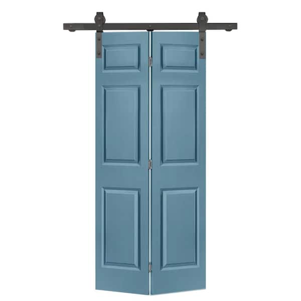 CALHOME 24 in. x 84 in. 6-Panel Dign Blue Painted MDF Hollow Core Composite Bi-Fold Barn Door with Sliding Hardware Kit