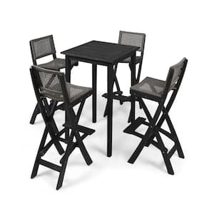 Polaris Dark Gray 5-Piece Wood and Faux Rattan Square 41.75 in. Outdoor Serving Bar Set