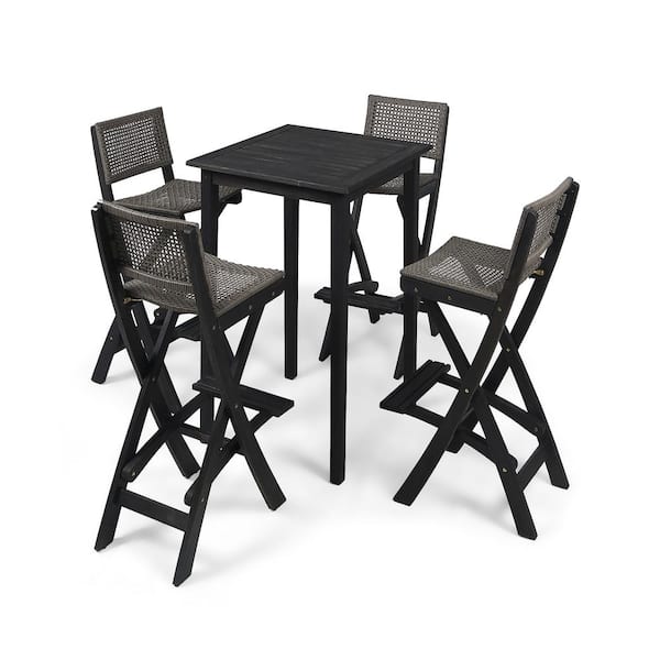 Noble House Polaris Dark Gray 5-Piece Wood and Faux Rattan Square 41.75 in. Patio Outdoor Serving Bar Set