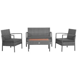4-Pieces Wicker Patio Conversation Set Wooden Tabletop Sofa Chair with Gray Cushions