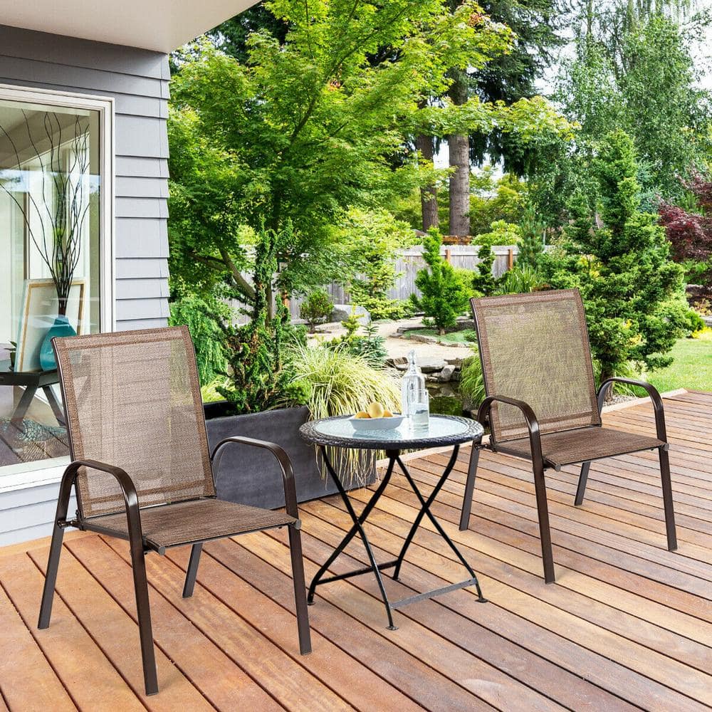 Brown Metal Frame Outdoor Dining Chair with Armrest for Garden, Poolside, B