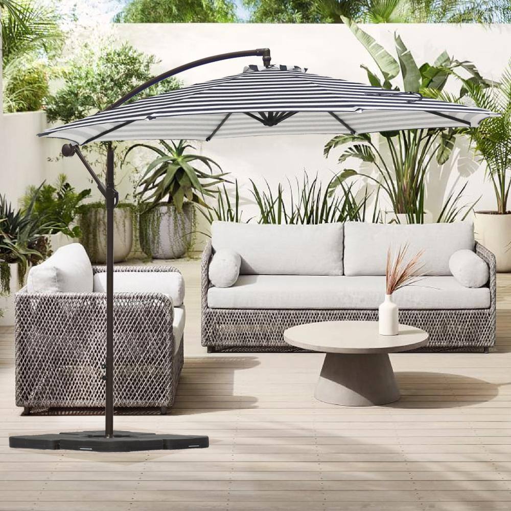 10 ft Black and White Striped Steel Cantilever Patio Umbrella with Base