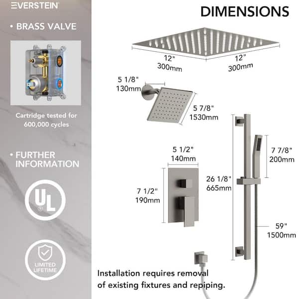 EVERSTEIN 12 in. LED 3-Spray Shower System with Hand Shower and
