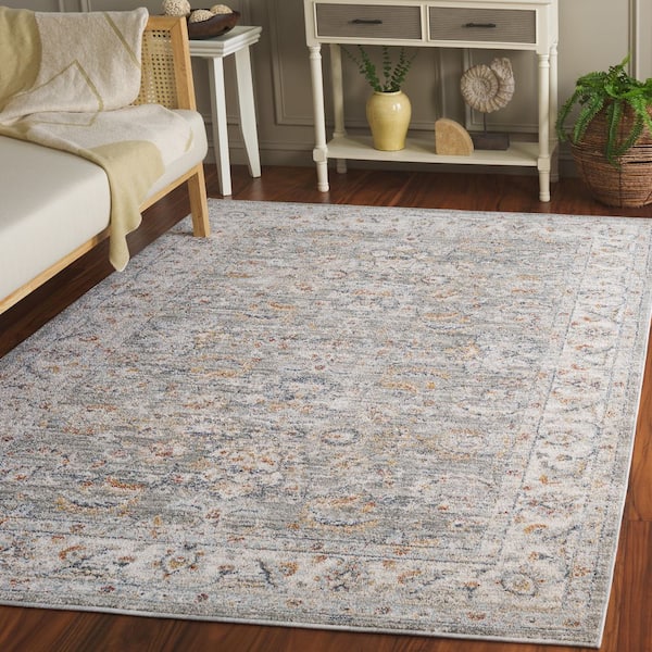 Avalon 5 ft. x 8 ft. Gray/Light Blue Ornate Distressed Border Area Rug