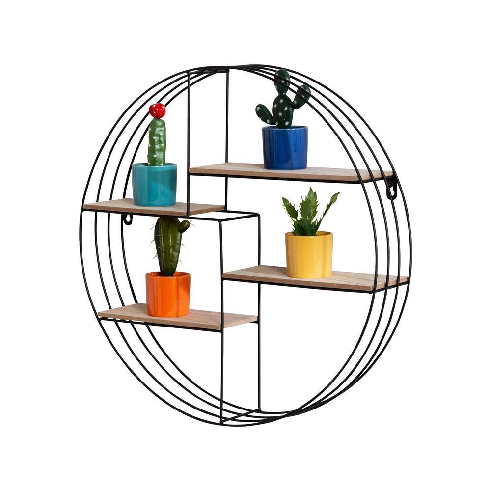 4 in. D x 19.7 in. Dia Black/Natural Steel and MDF 4-Tier Circular Decorati