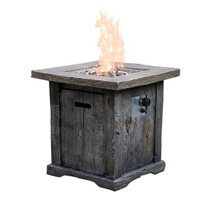 Gray Square Stone Gas Fire Pit Table with Distressed Look and Lava Rocks