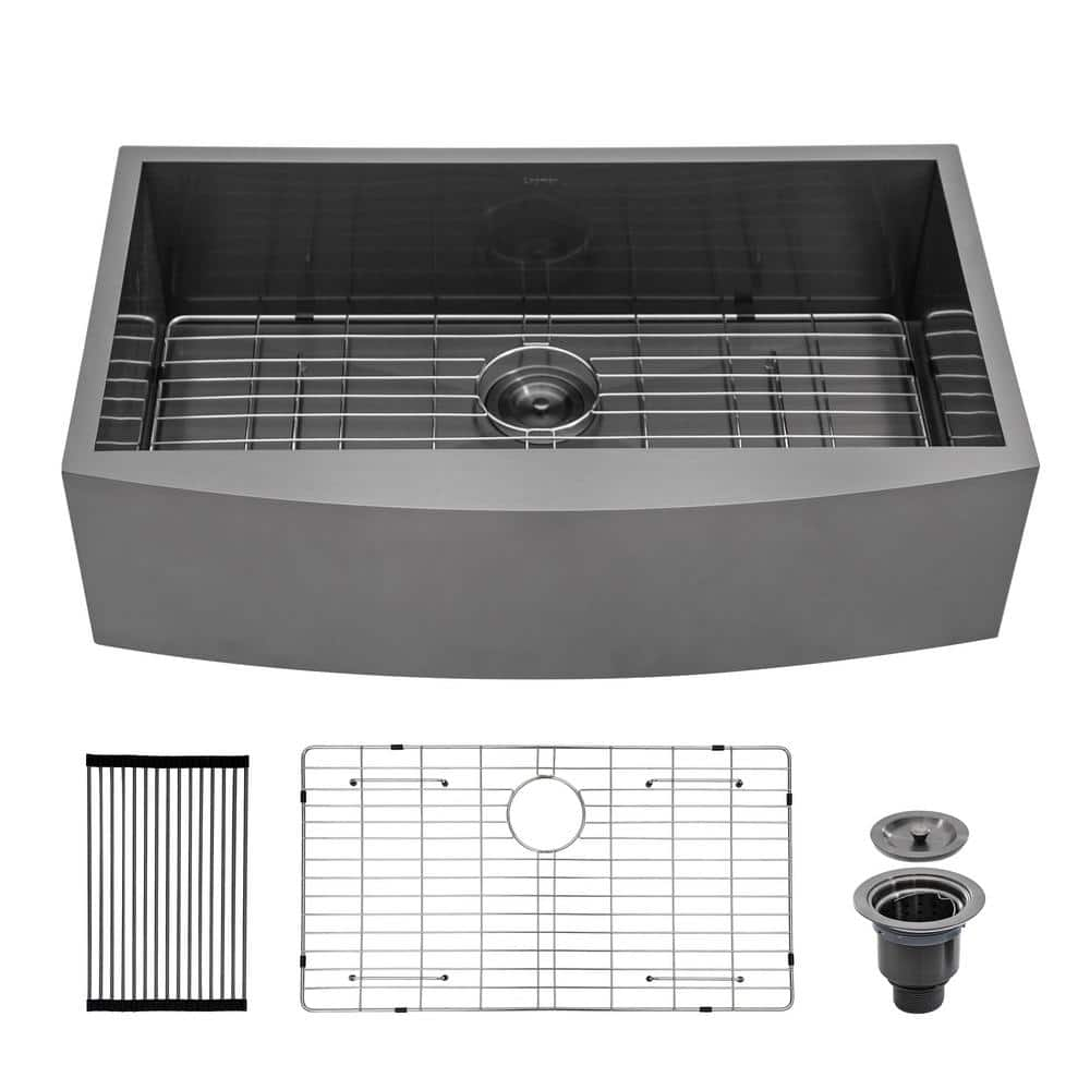 30 in. Farmhouse Single Bowl 18 Gauge Gunmetal Black Stainless Steel Zero Radius Corner Apron Kitchen Sink with Strainer -  Sarlai, AL-KAB30209A1